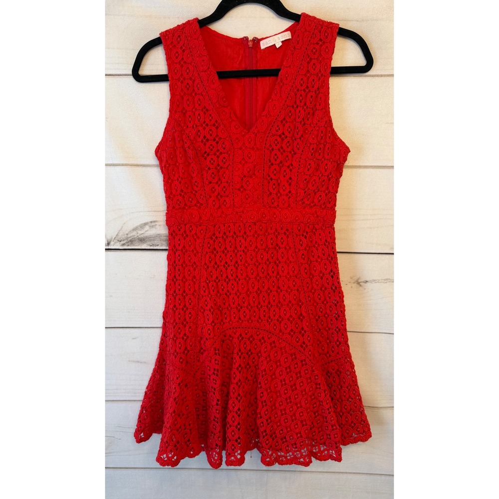 San & Soni Red Eyelet Lace V-Neck Mini Dress Sz 4 Sleeveless Drop Waist Cocktail